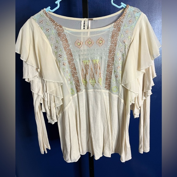 Free People La Cienega Embroidered Top Shirt Blouse Almond Ivory - Picture 3 of 5